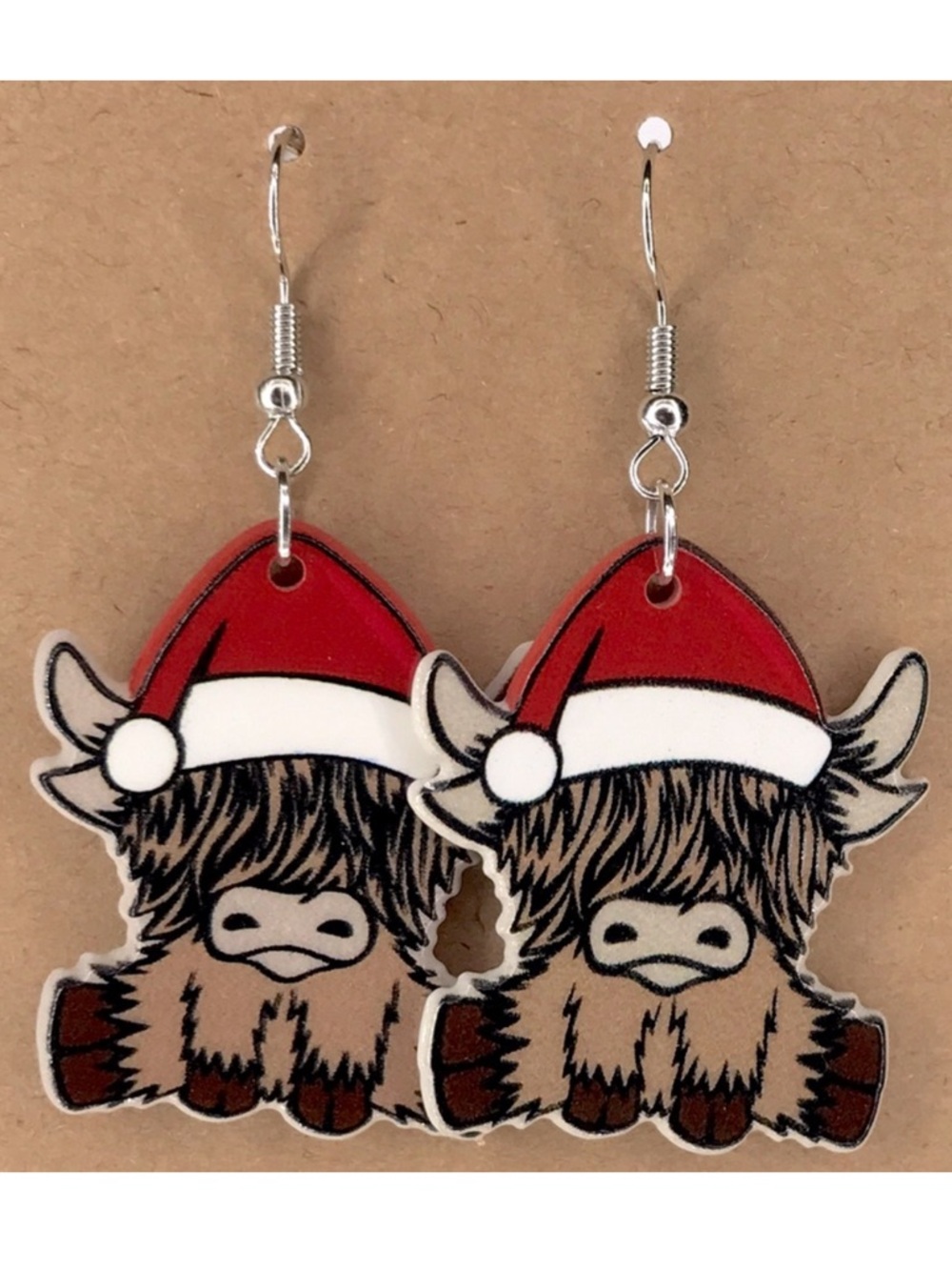 Festive Highland Cow Earrings - Red and Brown Christmas Fashion Jewelry